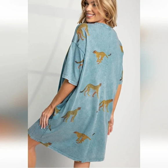 Easel Cheetah Print Mineral Washed T-Shirt Dress New - Picture 4 of 5